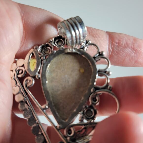 Handmade Silver Pendant – Fossil Coral & Citrine Accents + 20" Silver Chain - Picture 5 of 10
